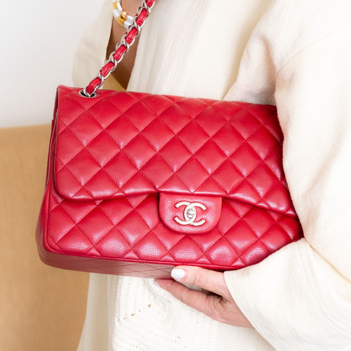 Chanel – Chanel Classic Double Flap Bag Medium Beige Caviarskin